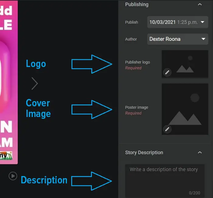 Screen capture showing publication settings