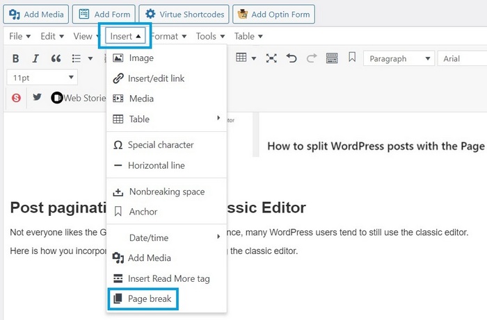 Screen capture showing the classic editor page break option -  How To Split WordPress Posts Into Multiple Pages