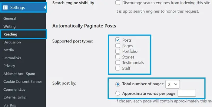 Automatically Paginate Posts settings screen capture